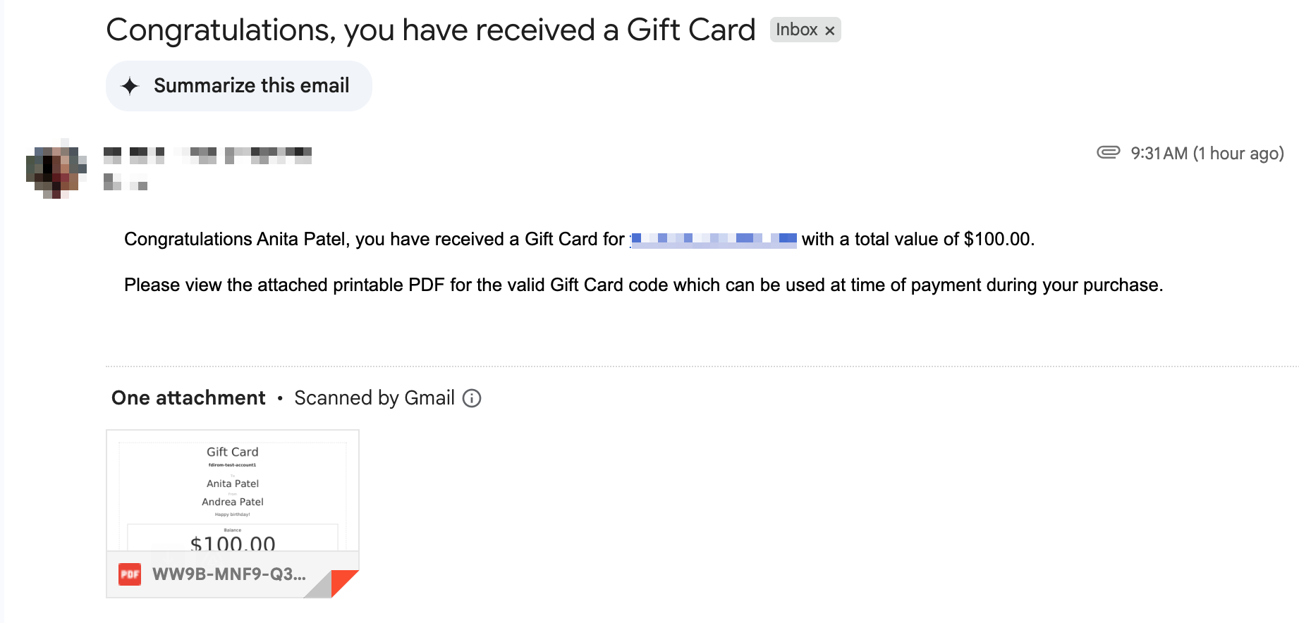 Gift card confirmation email received after completing gift card purchase.