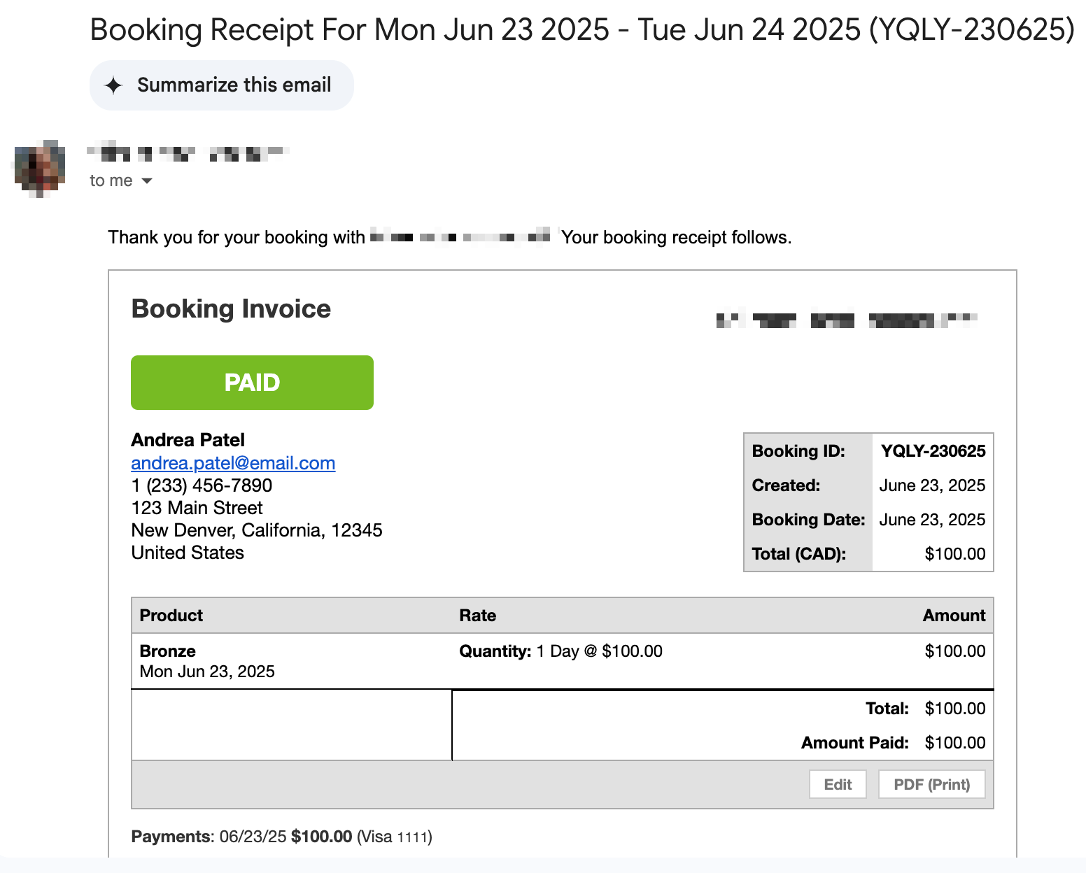 Booking receipt email confirming gift card purchase details.