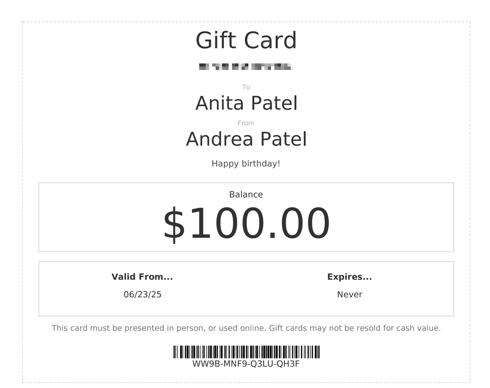 Example of PDF gift card sent to the gift card recipient via email.