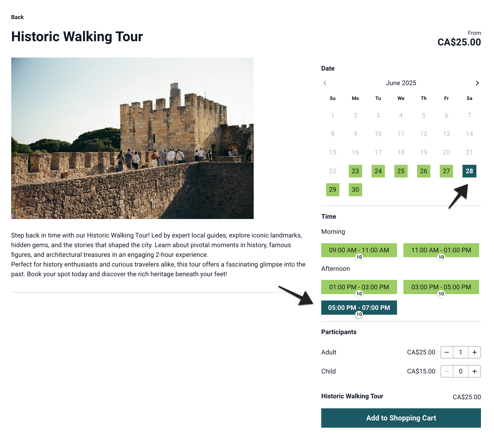 Hosted booking site with available date and time selection highlighted on product page.
