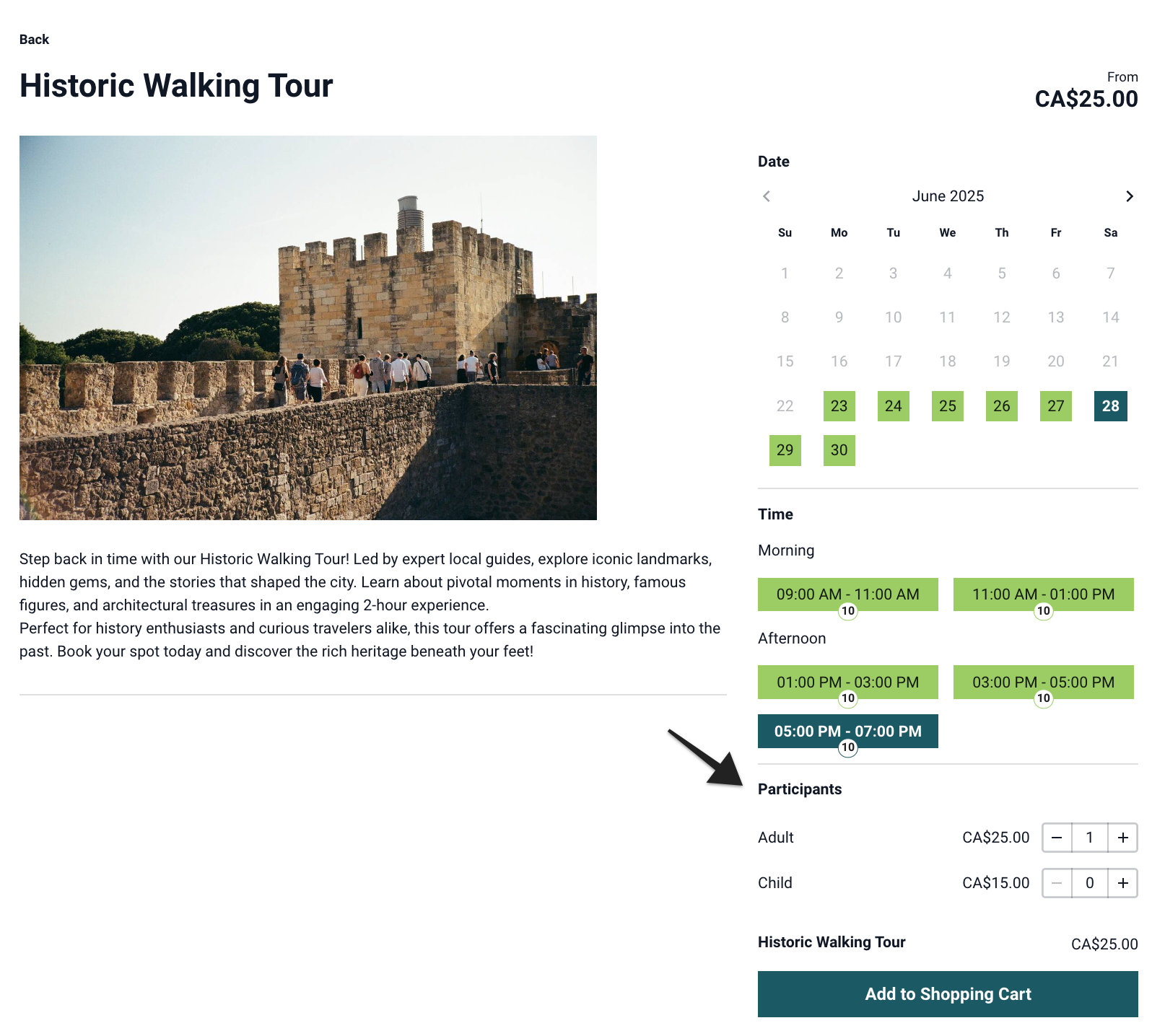 Hosted booking site with ‘Participants’ section highlighted on product page.