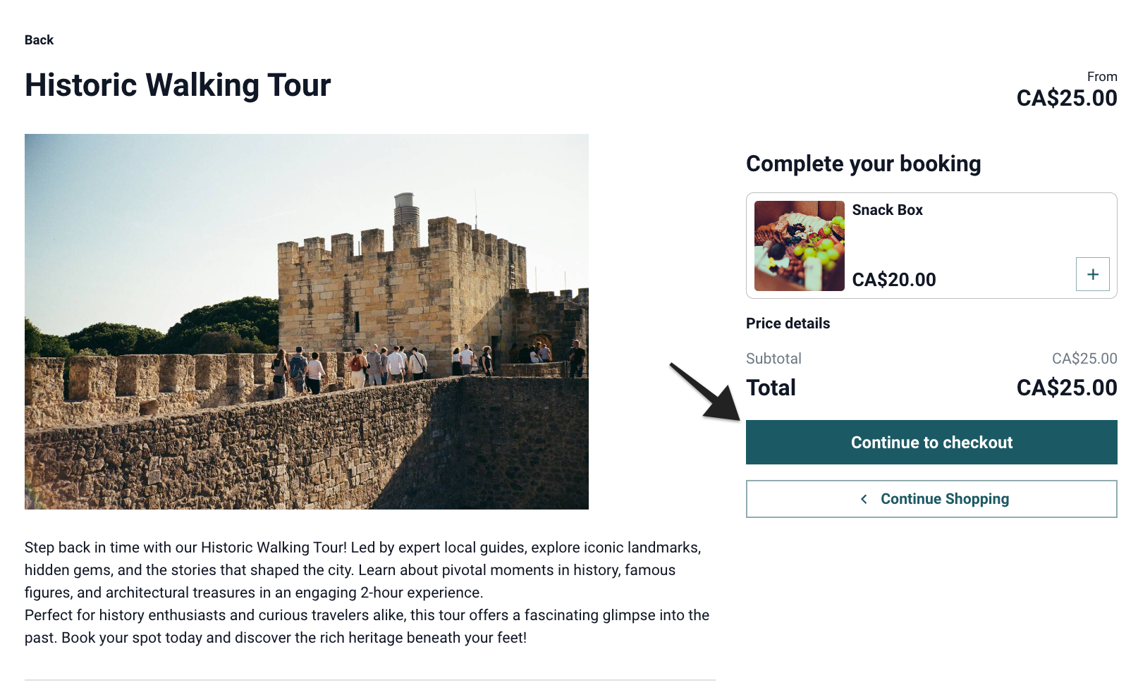 Hosted booking site with ‘Continue to checkout’ button highlighted on product page to proceed.