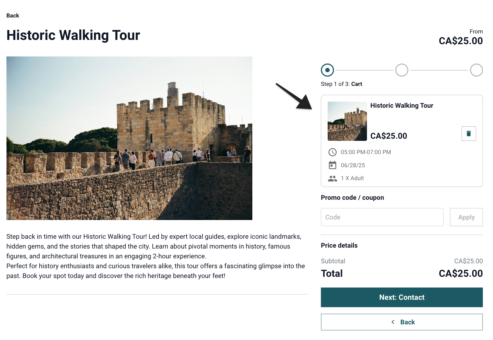 Hosted booking site with ‘Step 1’ of the shopping cart process highlighted on product page.