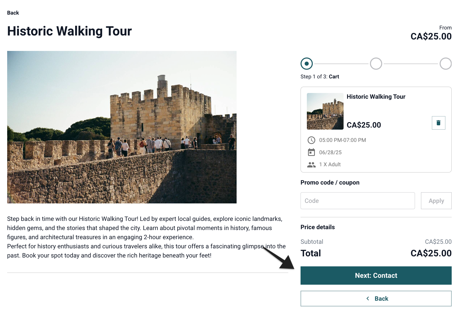 Hosted booking site with ‘Next: Contact’ button highlighted on product page to continue checkout.