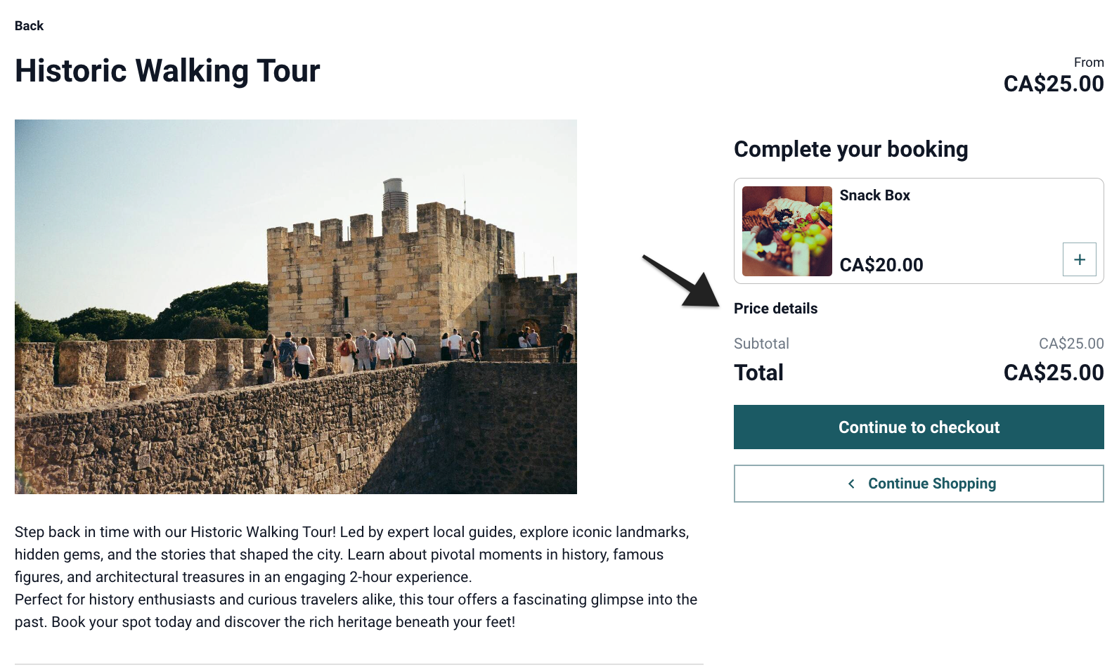 Hosted booking site with ‘Price details’ section highlighted on product page.