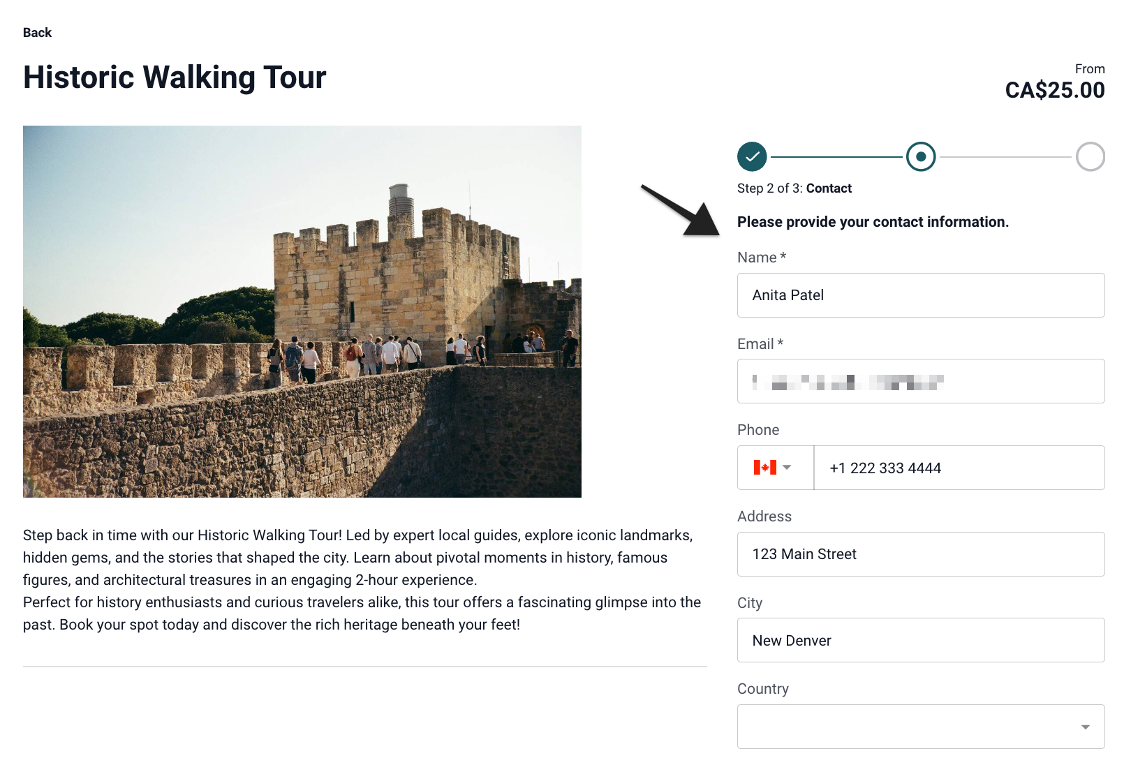 Hosted booking site with ‘Contact Information’ fields and ‘Proceed to payment’ button highlighted on product page.