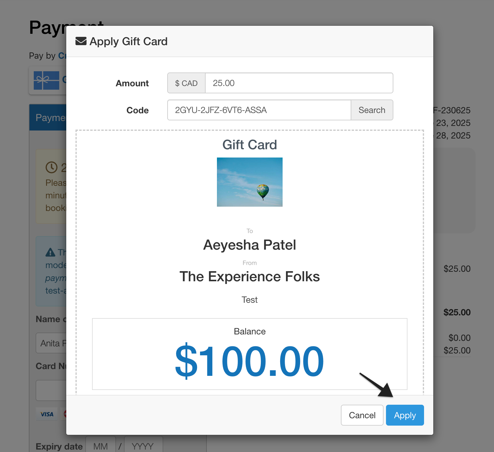 Apply button highlighted at bottom of gift card modal to confirm application to payment.