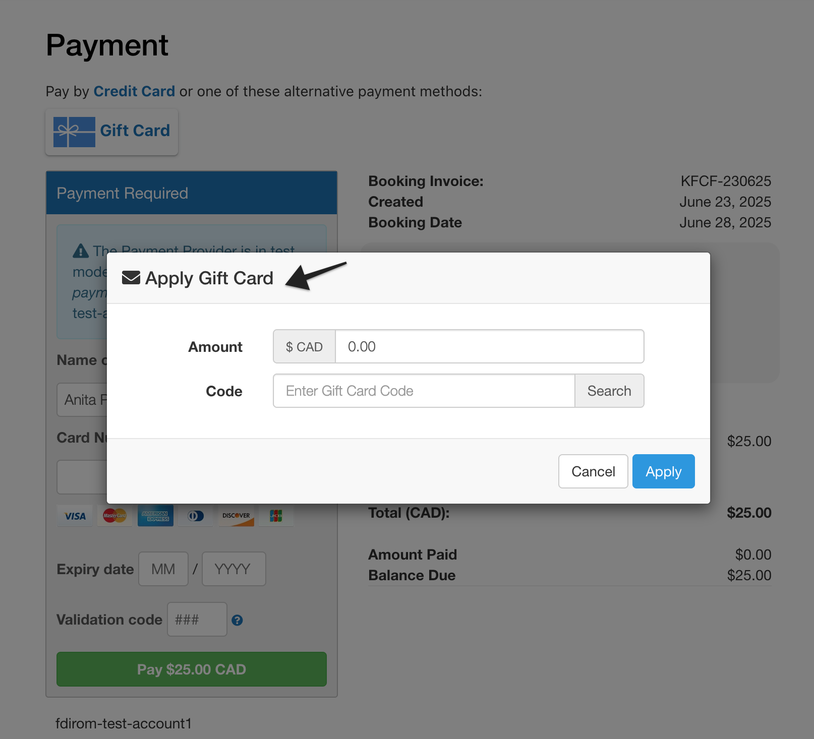Gift card modal highlighted on payment page, showing fields for amount and gift card code.