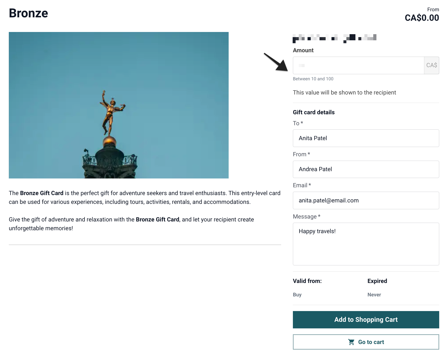 Hosted booking site product page with gift card amount and details fields highlighted.