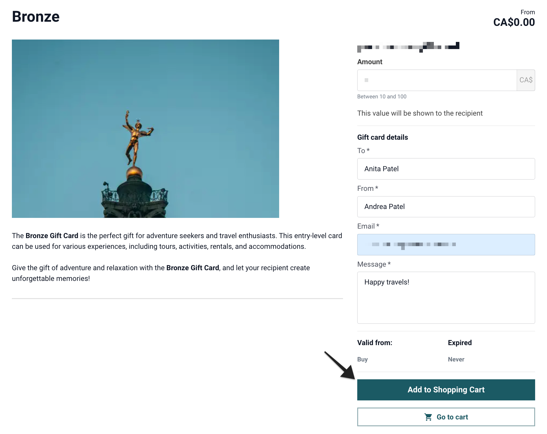 Hosted booking site showing product page with ‘Add to shopping cart’ button highlighted.