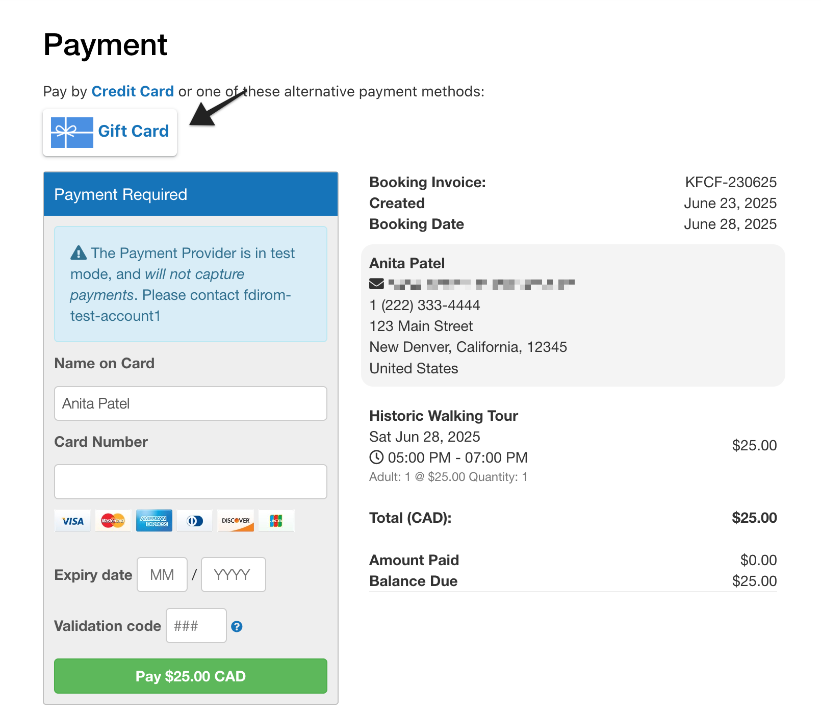 Payment page with ‘Gift Card’ payment option highlighted to apply a gift card.