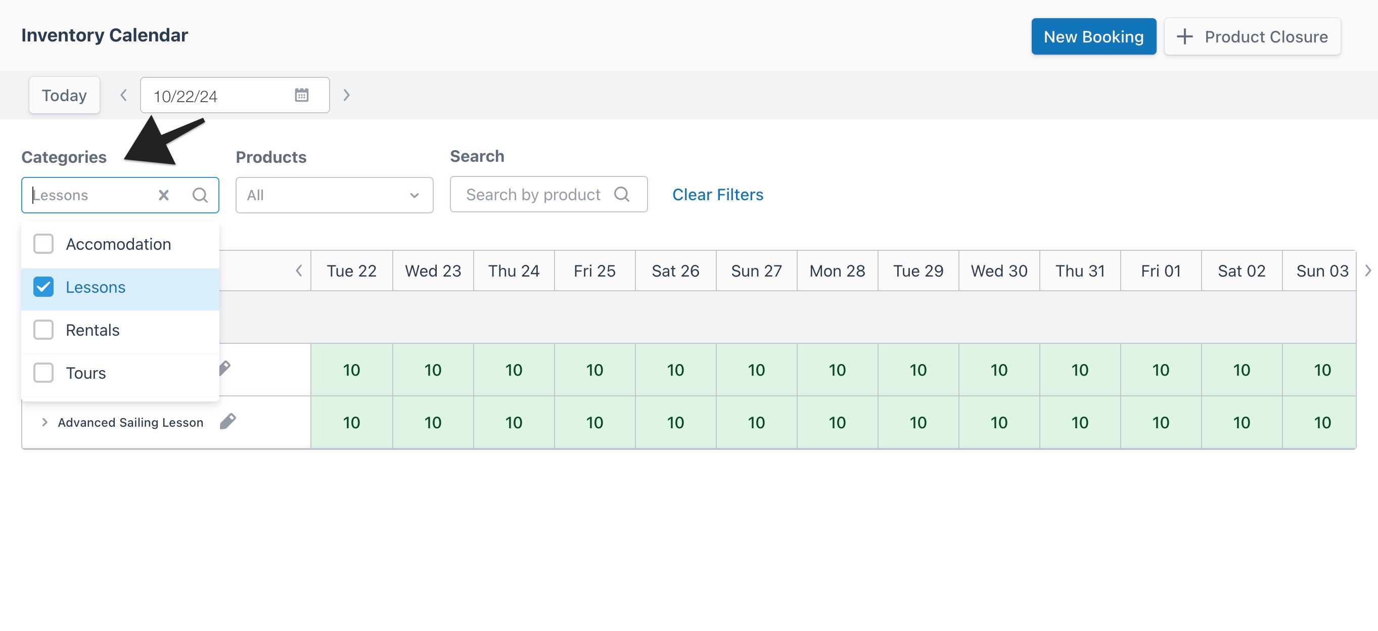 Inventory calendar view with an arrow highlighting the expanded ‘Categories’ dropdown menu, showing selectable category titles.