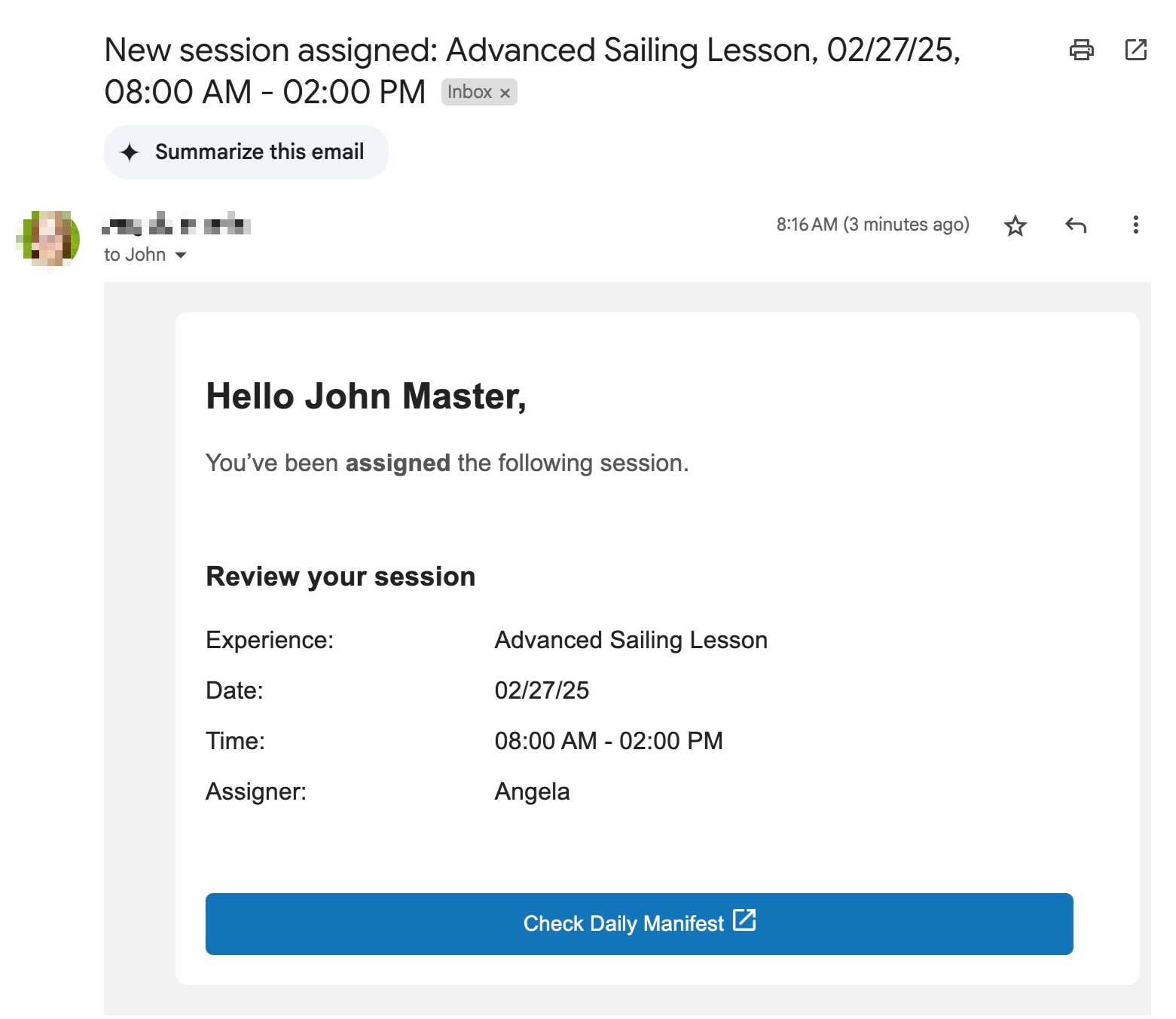 Example of a received email showing a staff assignment for an active session.