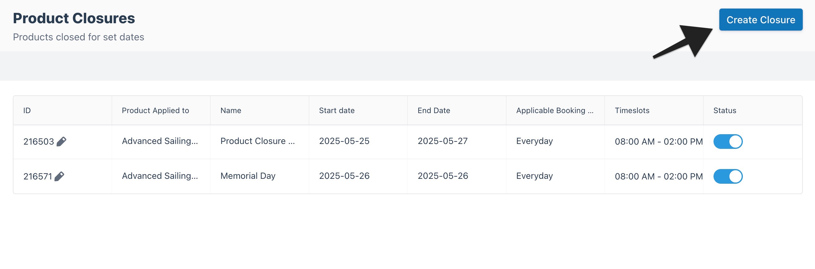 Product Closures index page with an arrow pointing to the 