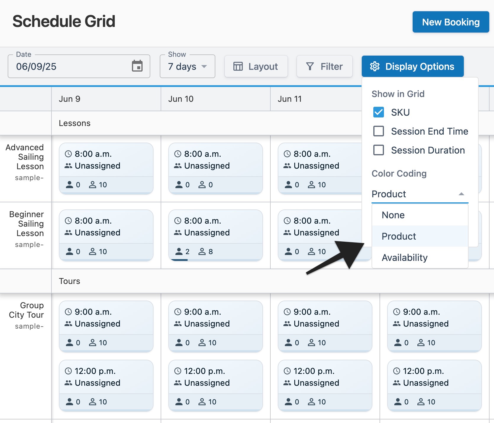 Schedule grid page with an arrow pointing to the expanded ‘Color Coding’ nested menu within the open ‘Display Options’ menu.