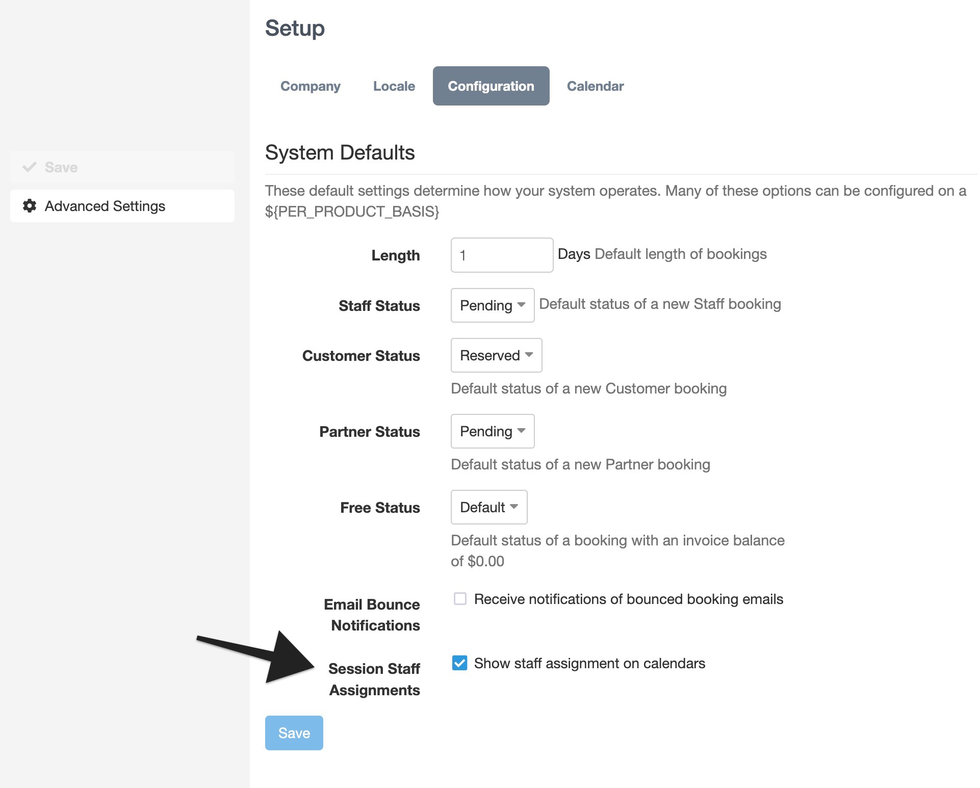 Configuration tab in the Setup page with an arrow pointing to the ‘Session Staff Assignments’ setting to indicate selection. 