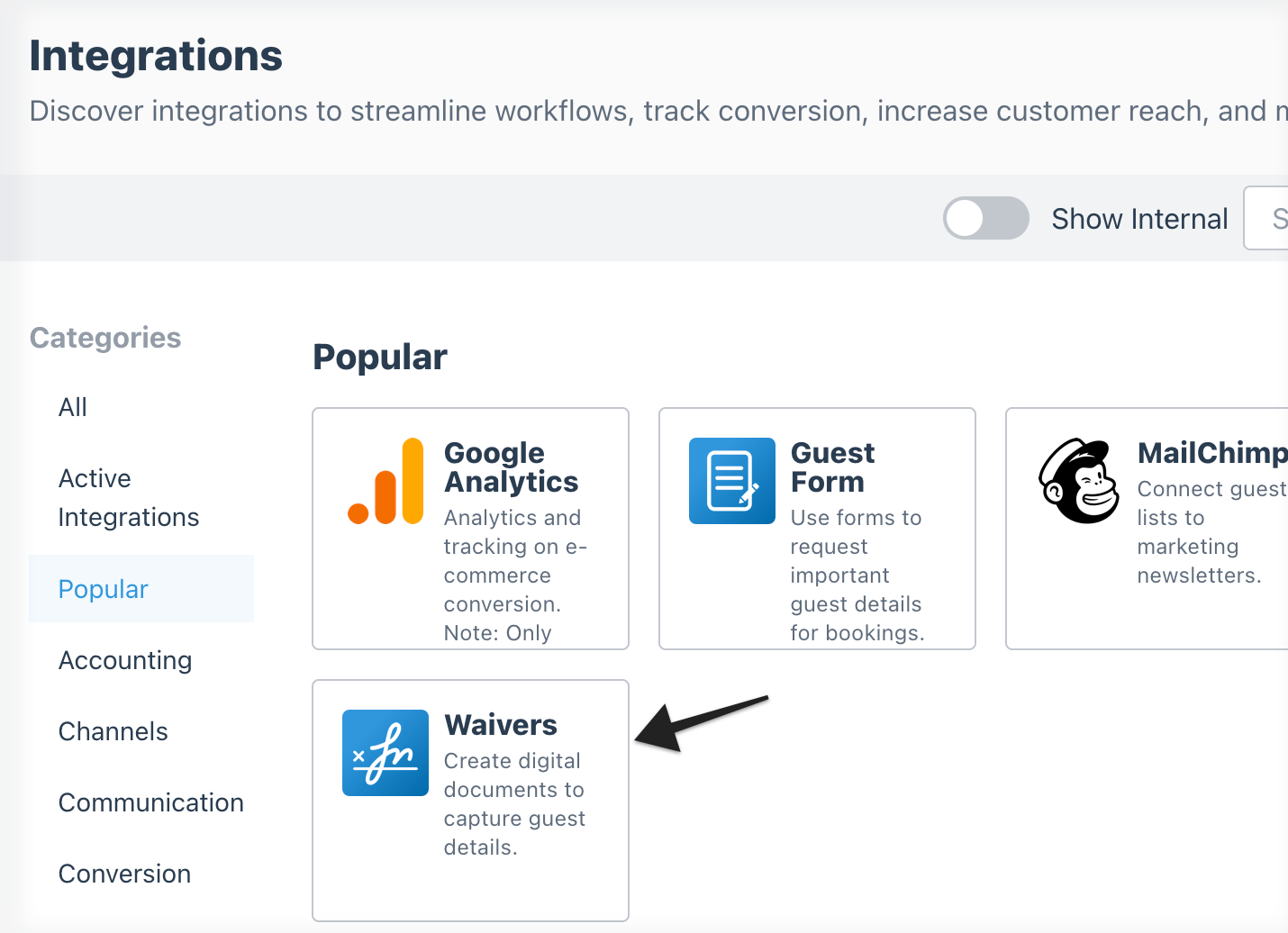 Integrations page with annotation pointing to waivers listing under popular integrations.