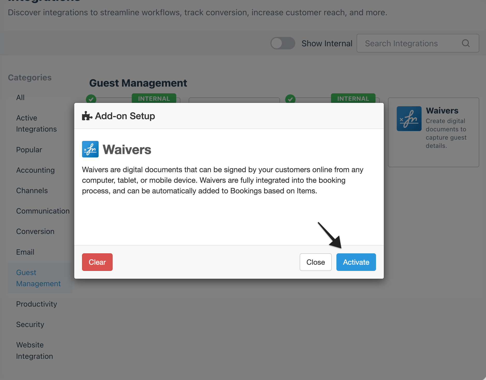 Integrations page with annotation pointing to activate button within the Add-on Setup modal.