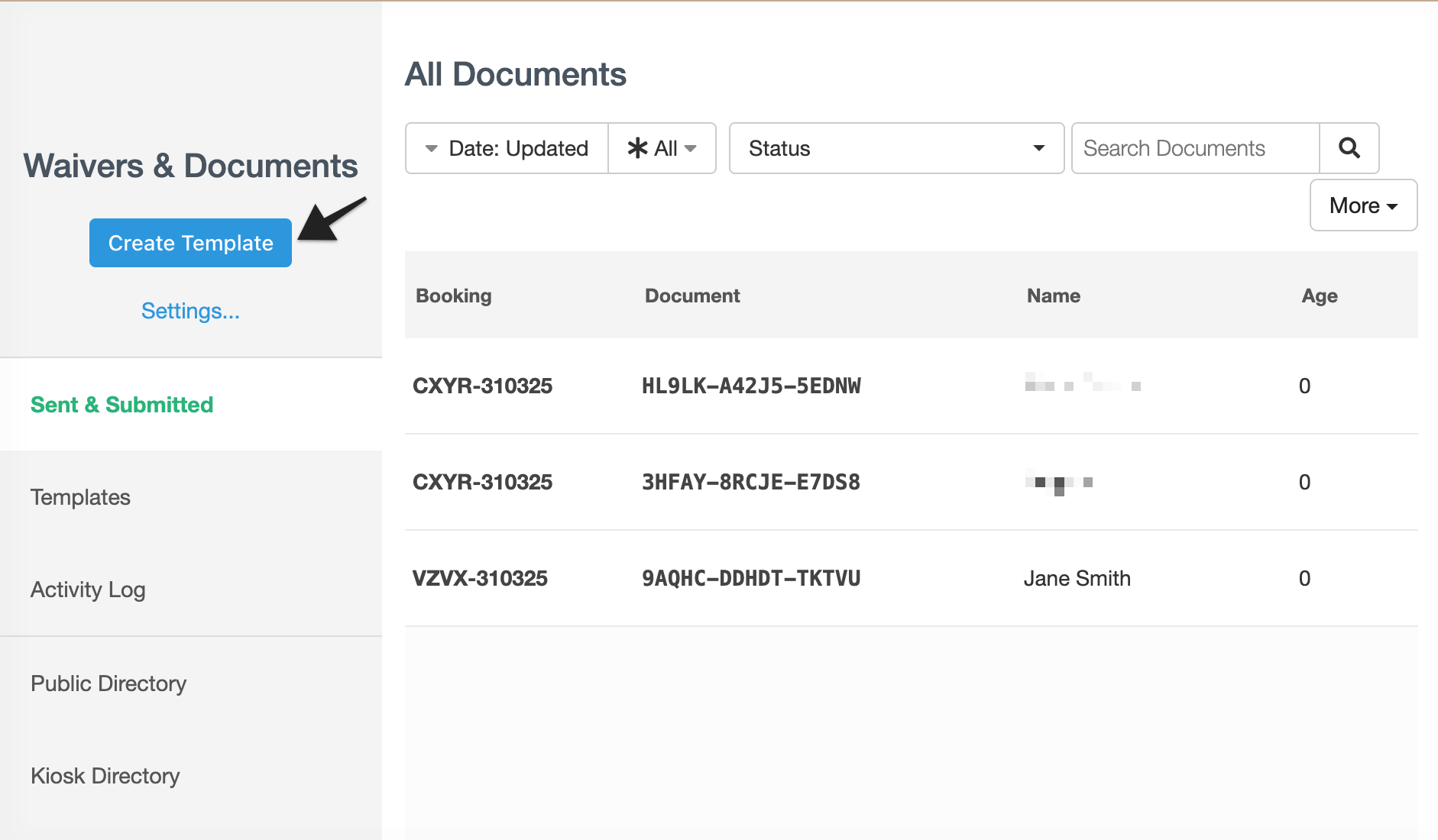 Sent & Submitted tab of Waivers & Documents section with annotation pointing to the 'Create Template' button.