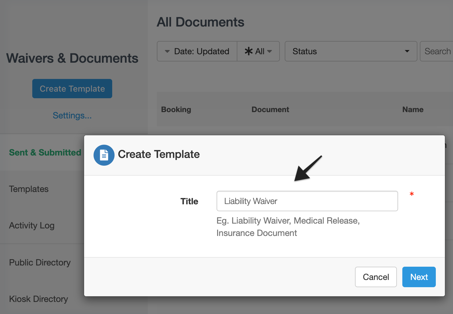 Annotation pointing to 'Title' field setting within 'Create Template' modal.