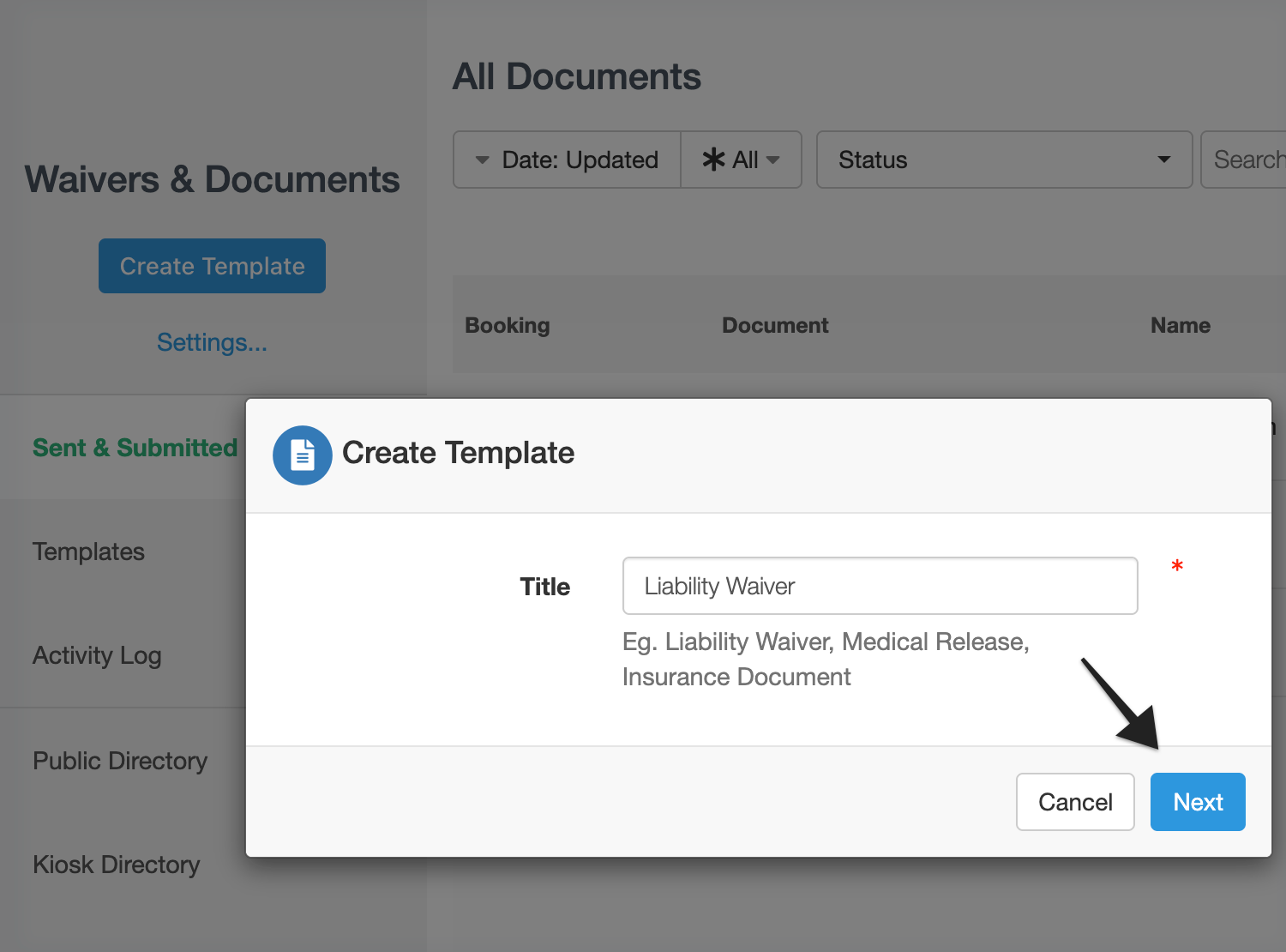 Annotation pointing to the 'Next' button within the 'Create Template' modal.