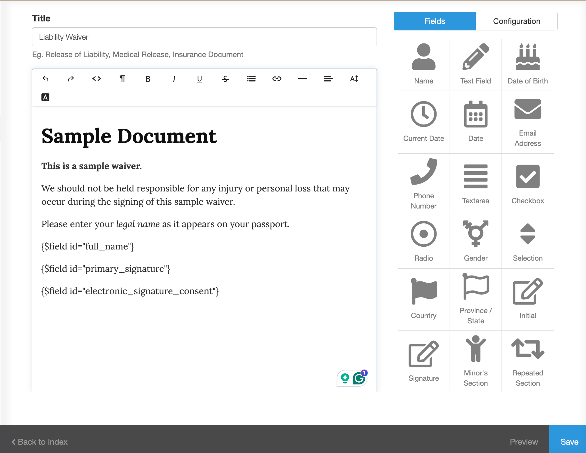 Screenshot of waiver template editor.