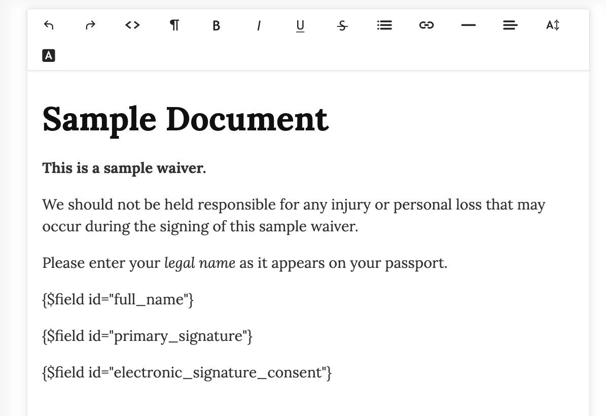 Screenshot of wavier template text editor with sample copy.