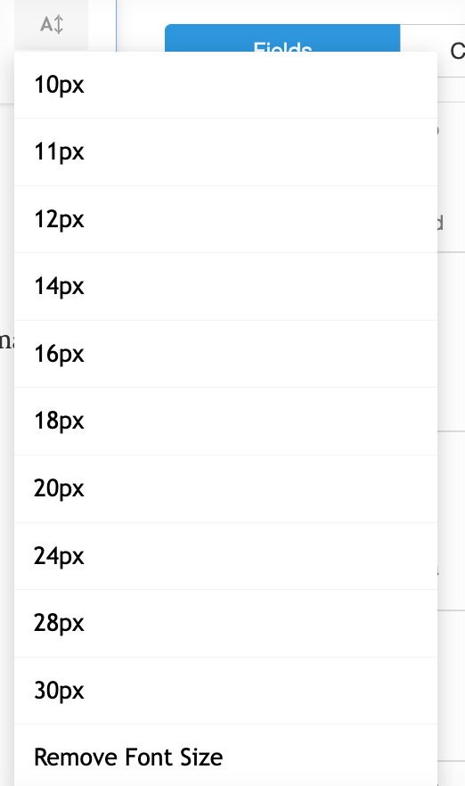 Text editor size drop-down menu.