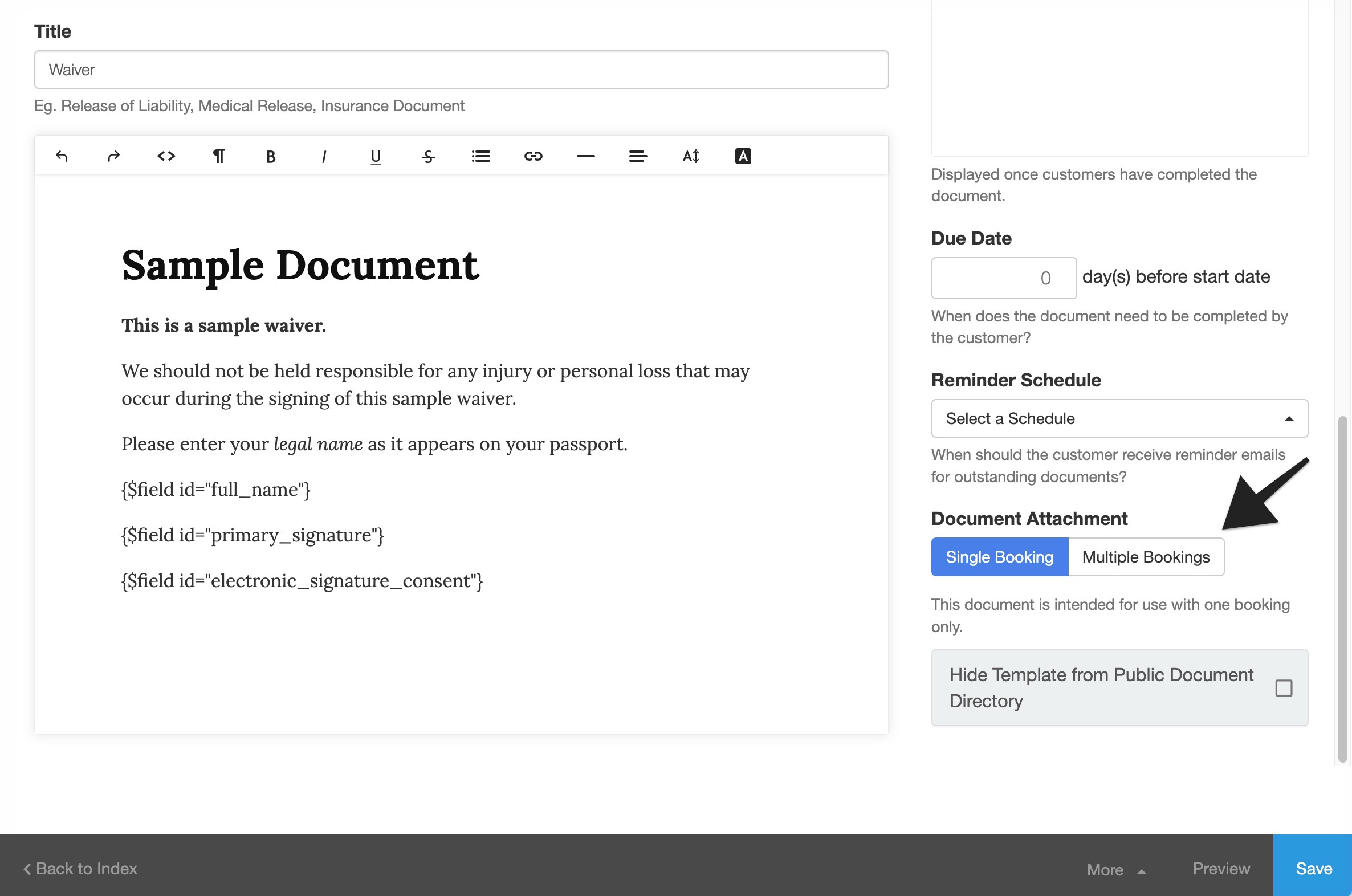 Waiver setup form highlighting the Multiple Bookings button under Document Attachment.