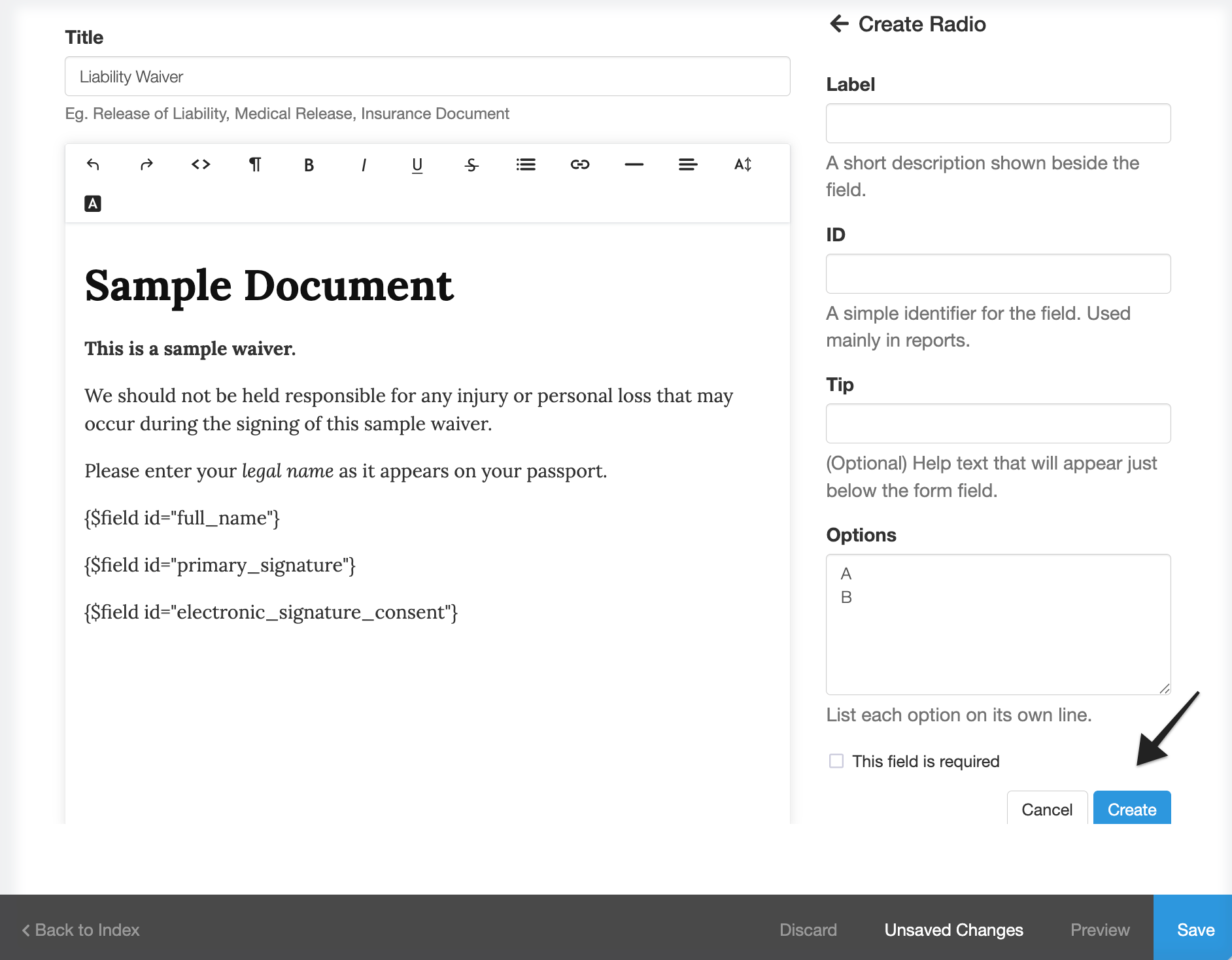 Waiver document template with focus on create field button.