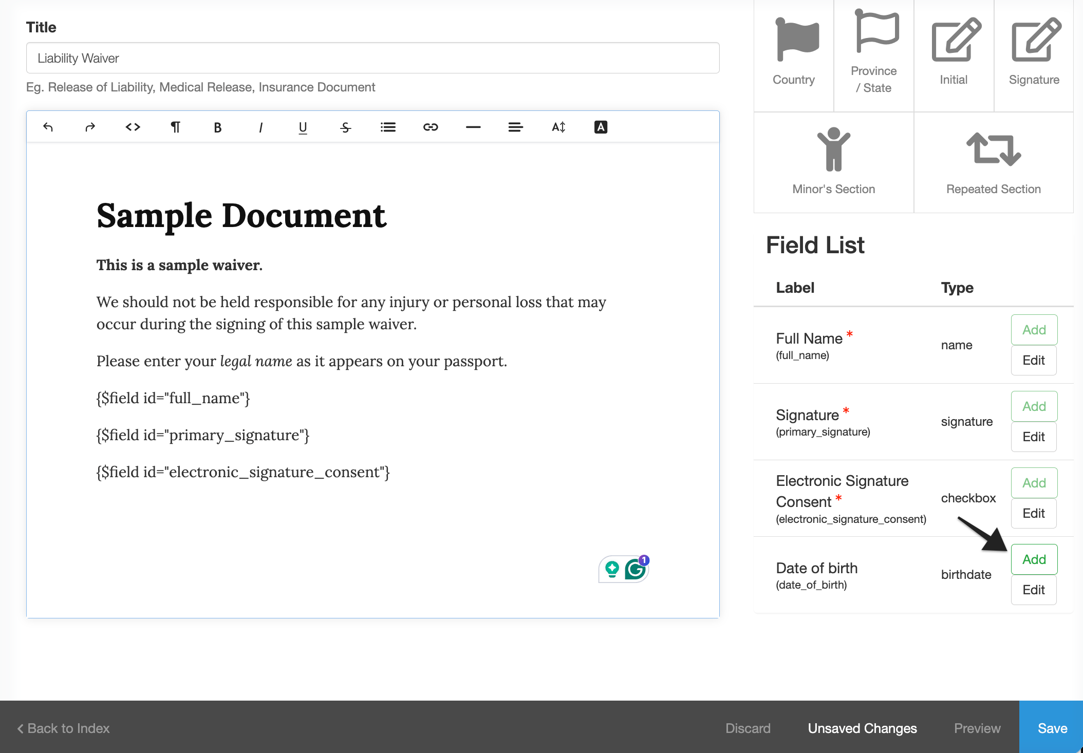 Waiver document template with focus on add field button.