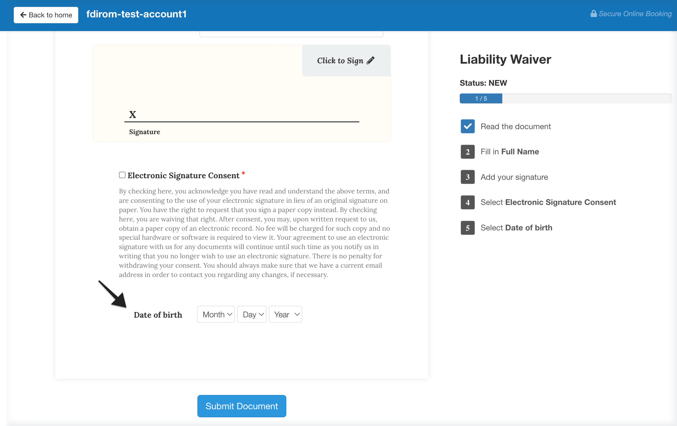 Waiver preview with date of birth field.