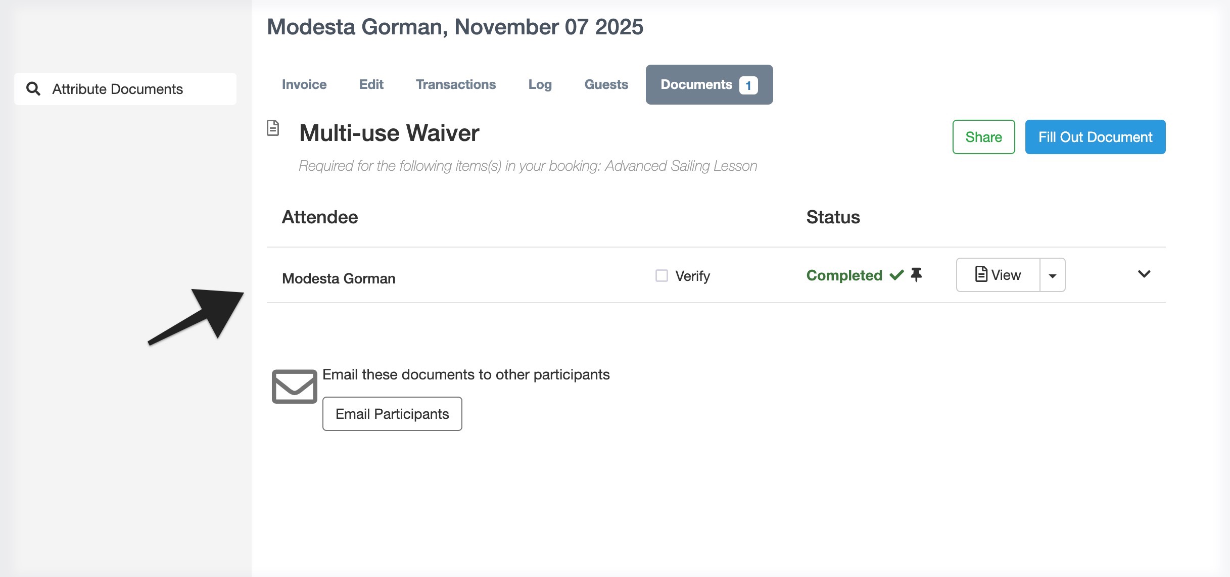 Waiver creation screen showing document editor and attachment settings with Single and Multiple Booking options.