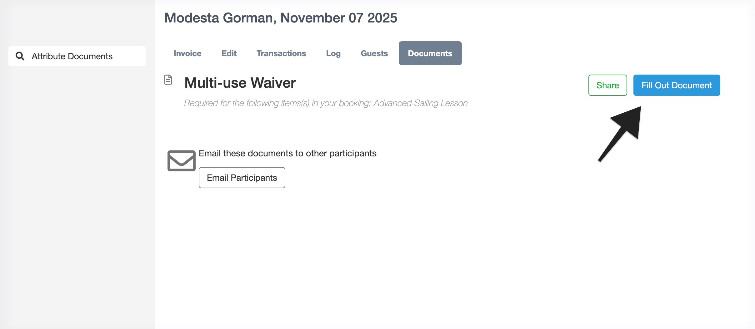 Booking document view highlighting the Fill Out Document button for completing a waiver.