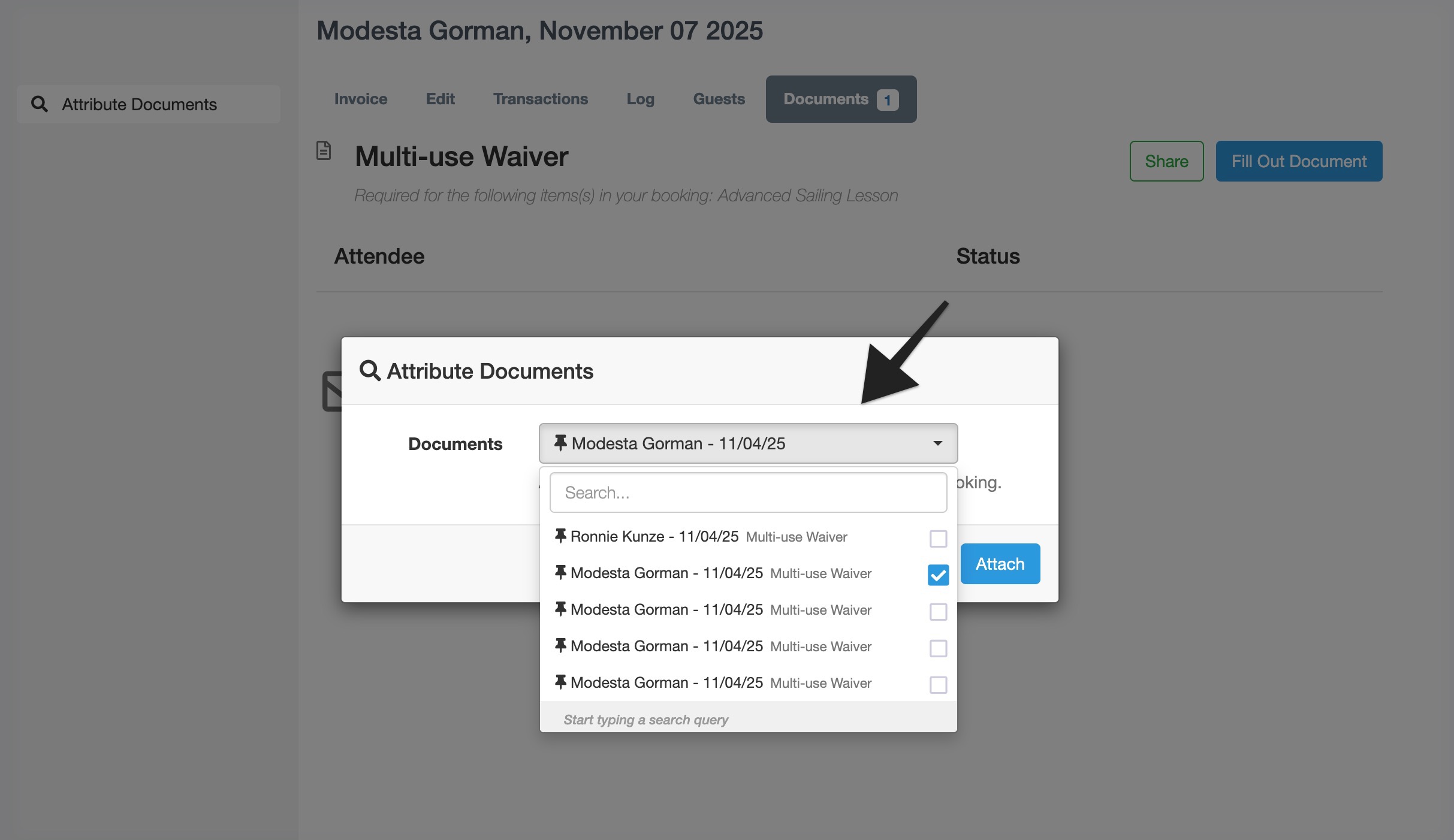 Document selection window displaying multiple attendee waivers with a checkmark beside the chosen entry.