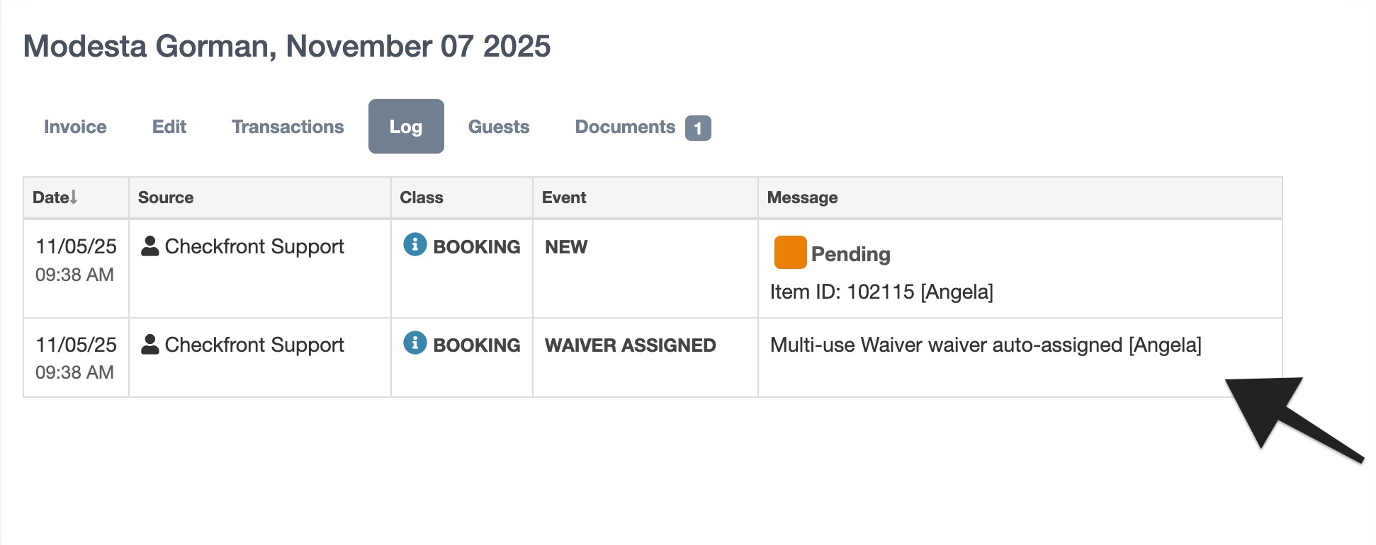 Booking log showing system-generated waiver assignment entries with timestamps and user details.