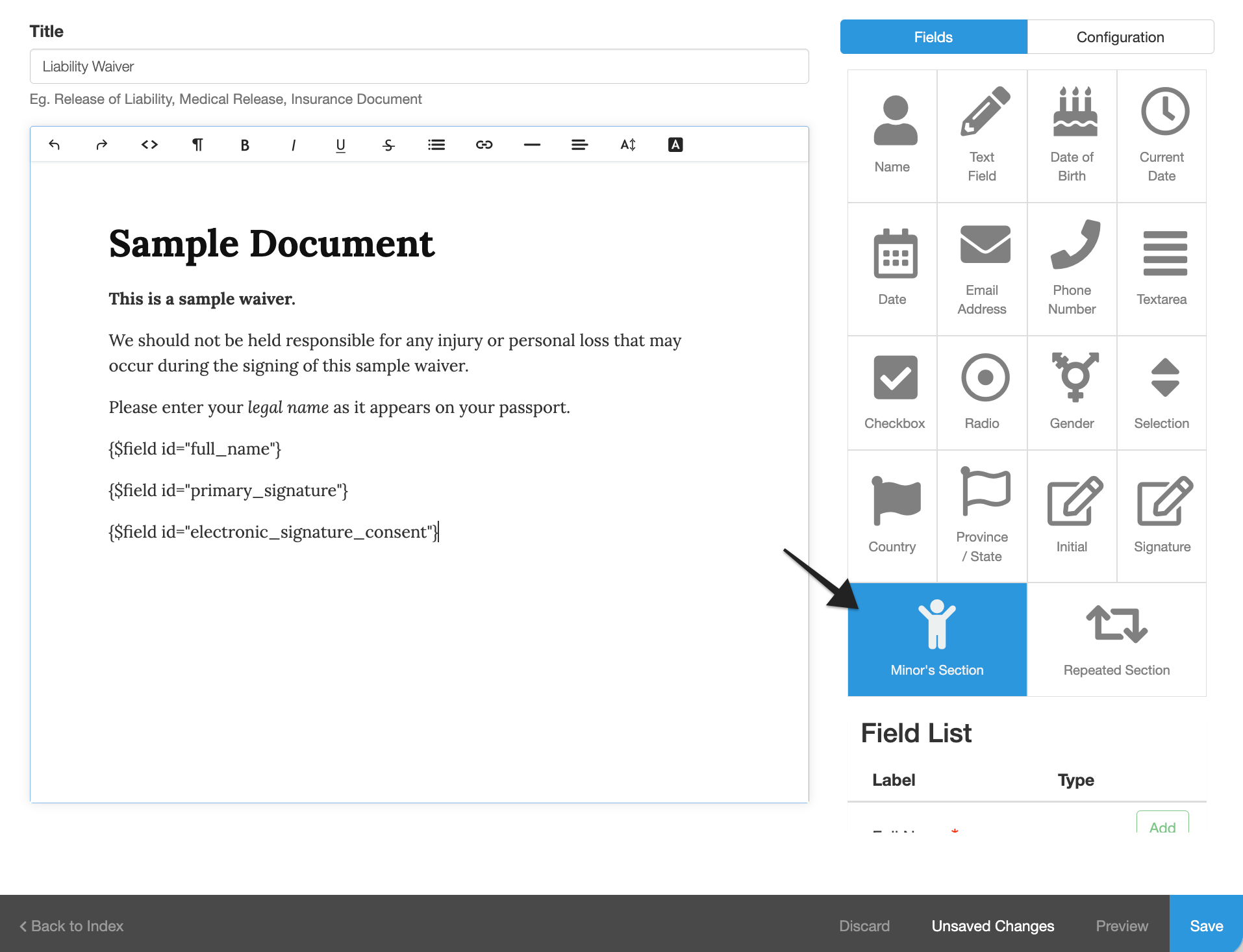Waiver template with annotation pointing to minor's section.