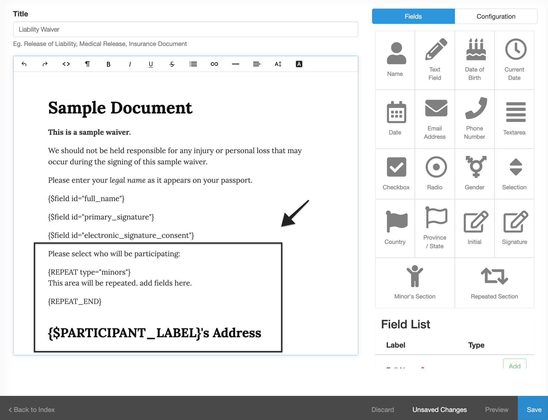 Waiver template with annotation pointing to 'Text Editor' with customised repeated section.