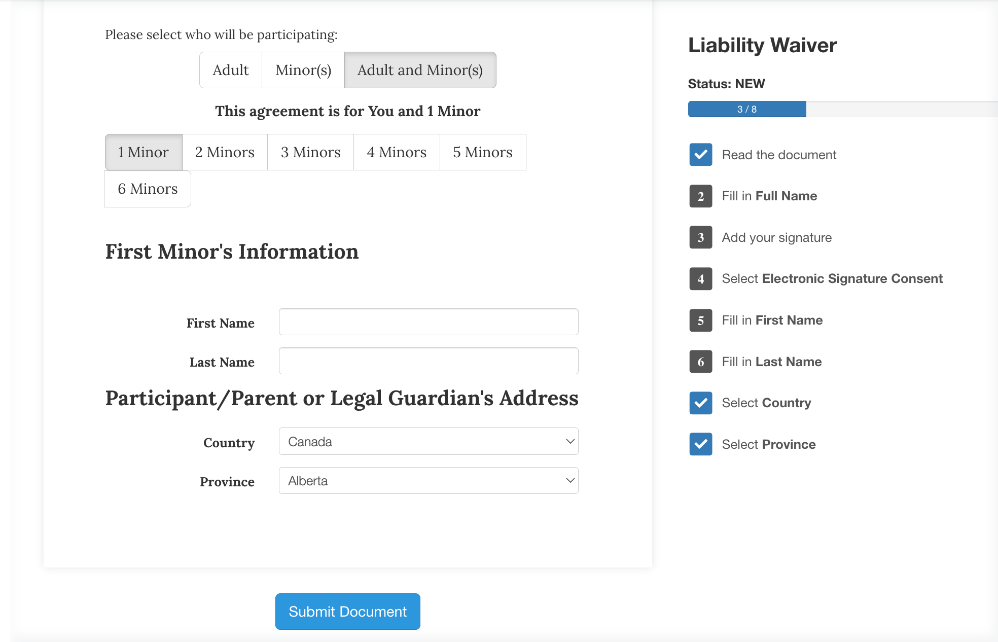 Preview of waiver with example of minor's section.