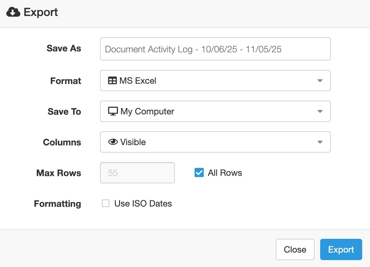 Export settings window displaying options for file format, save location, columns, and row selection.