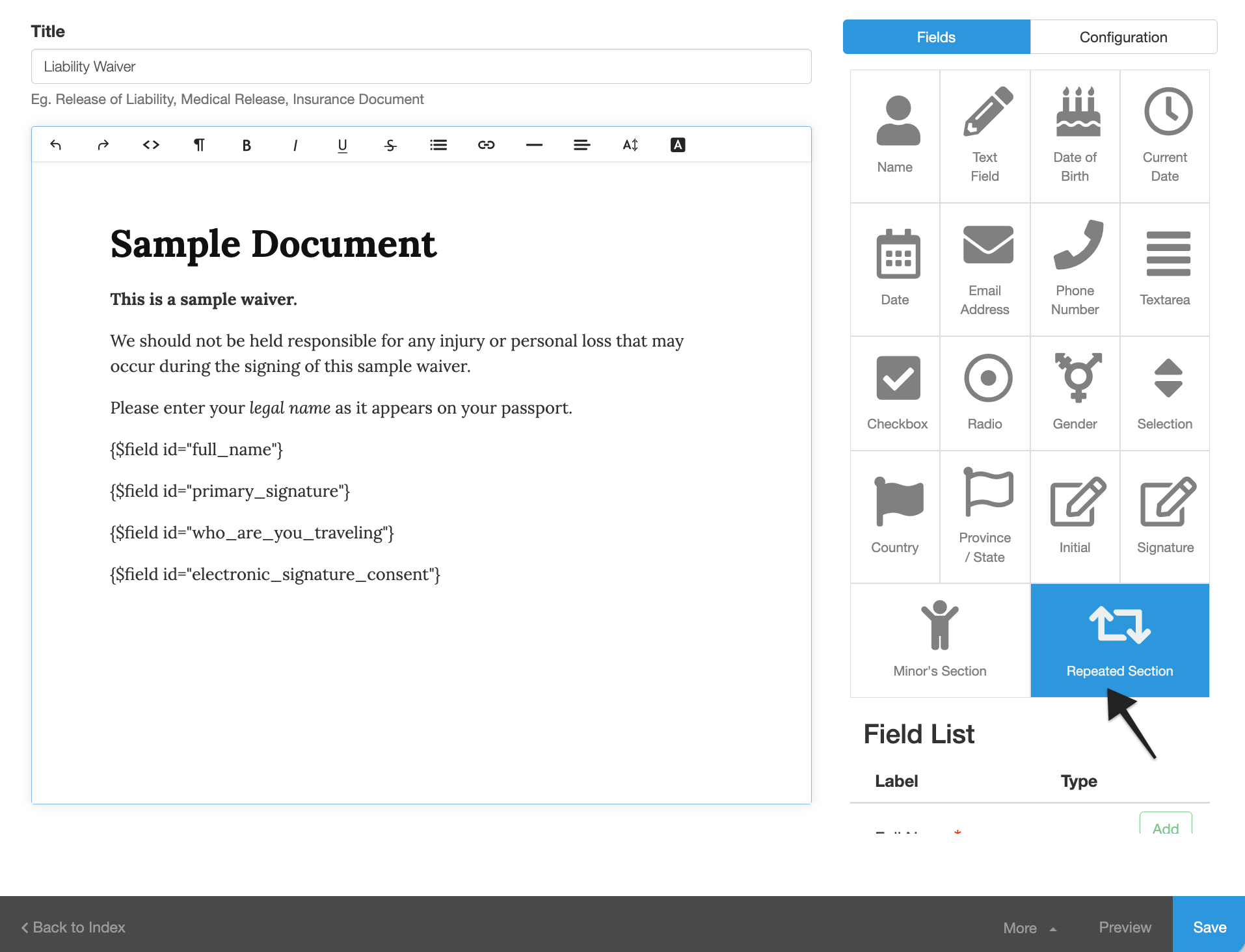 Waiver template with annotation pointing to the 'Repeated Section' field.