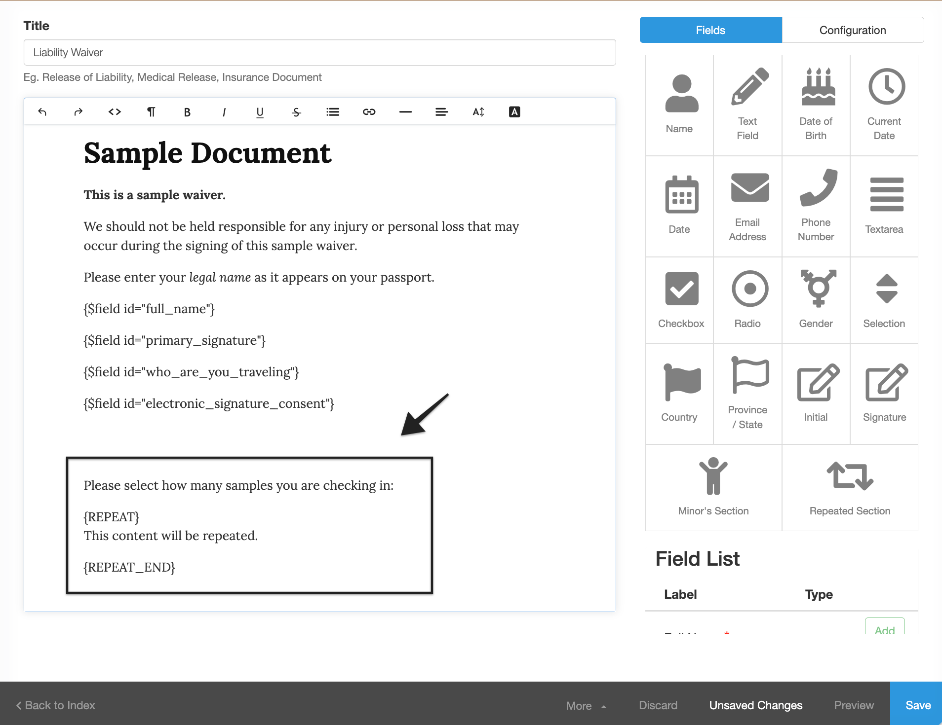 Waiver template with annotation pointing to the repeated section default value in Text Editor.