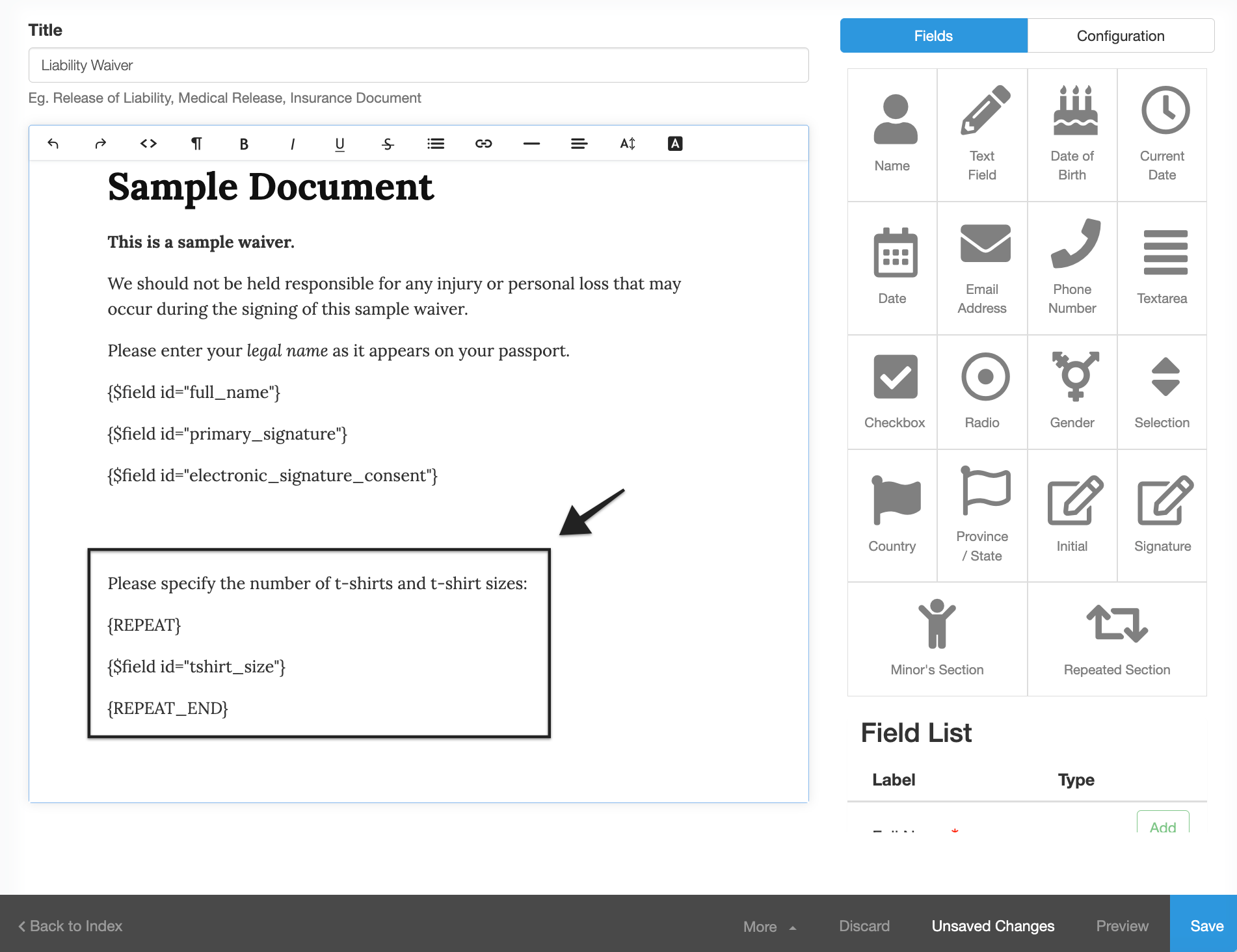 Waiver template with annotation pointing to the 'Text Editor' with example field.