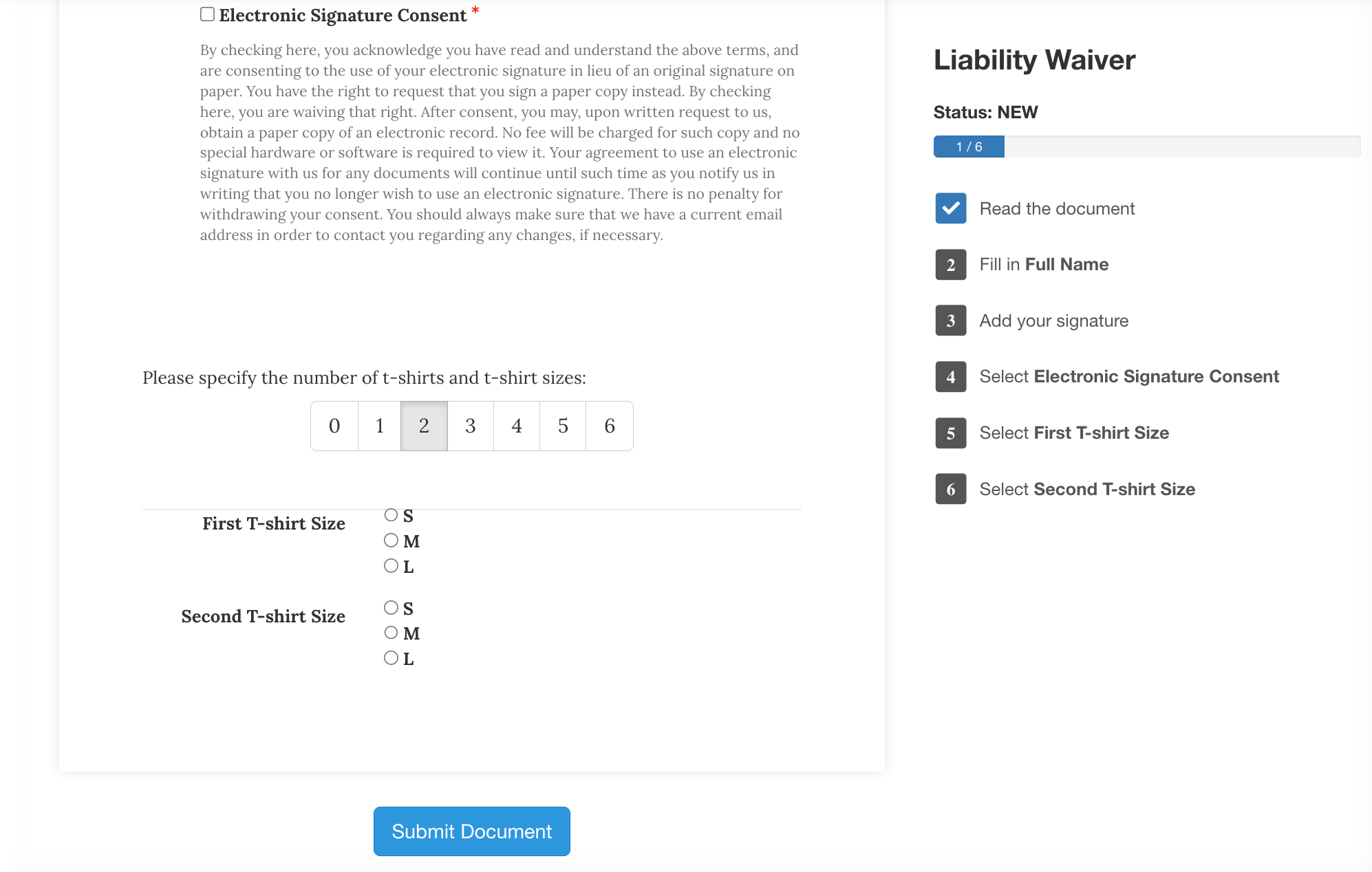 Example of waiver preview with repeated section.