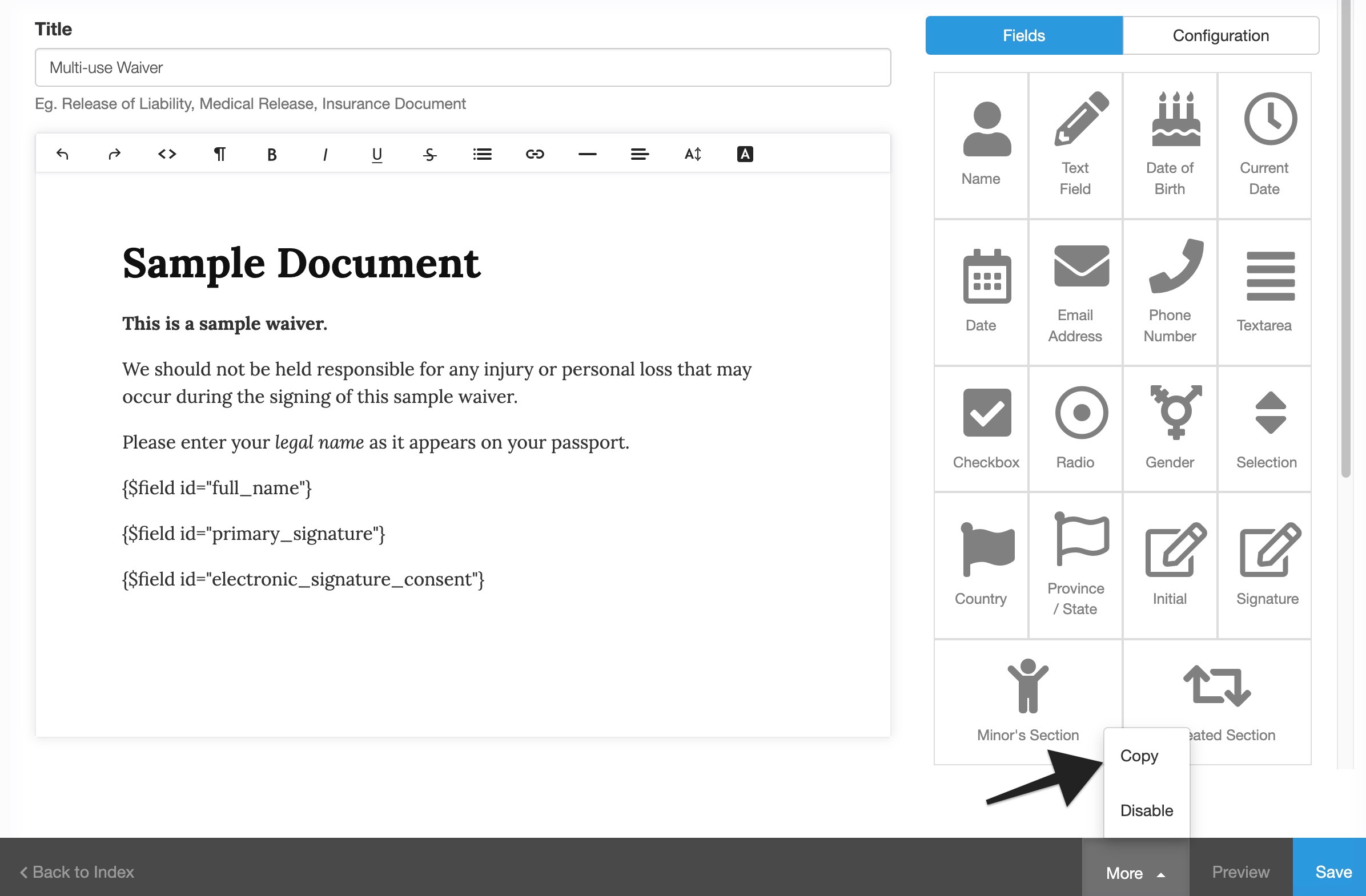 Waiver editor screen displaying the Copy and Disable options expanded from the More menu.