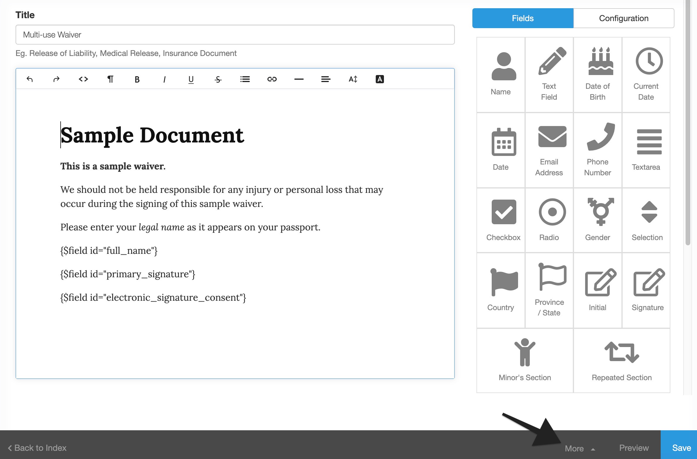 Waiver document editor showing the More menu option at the bottom right corner of the page.