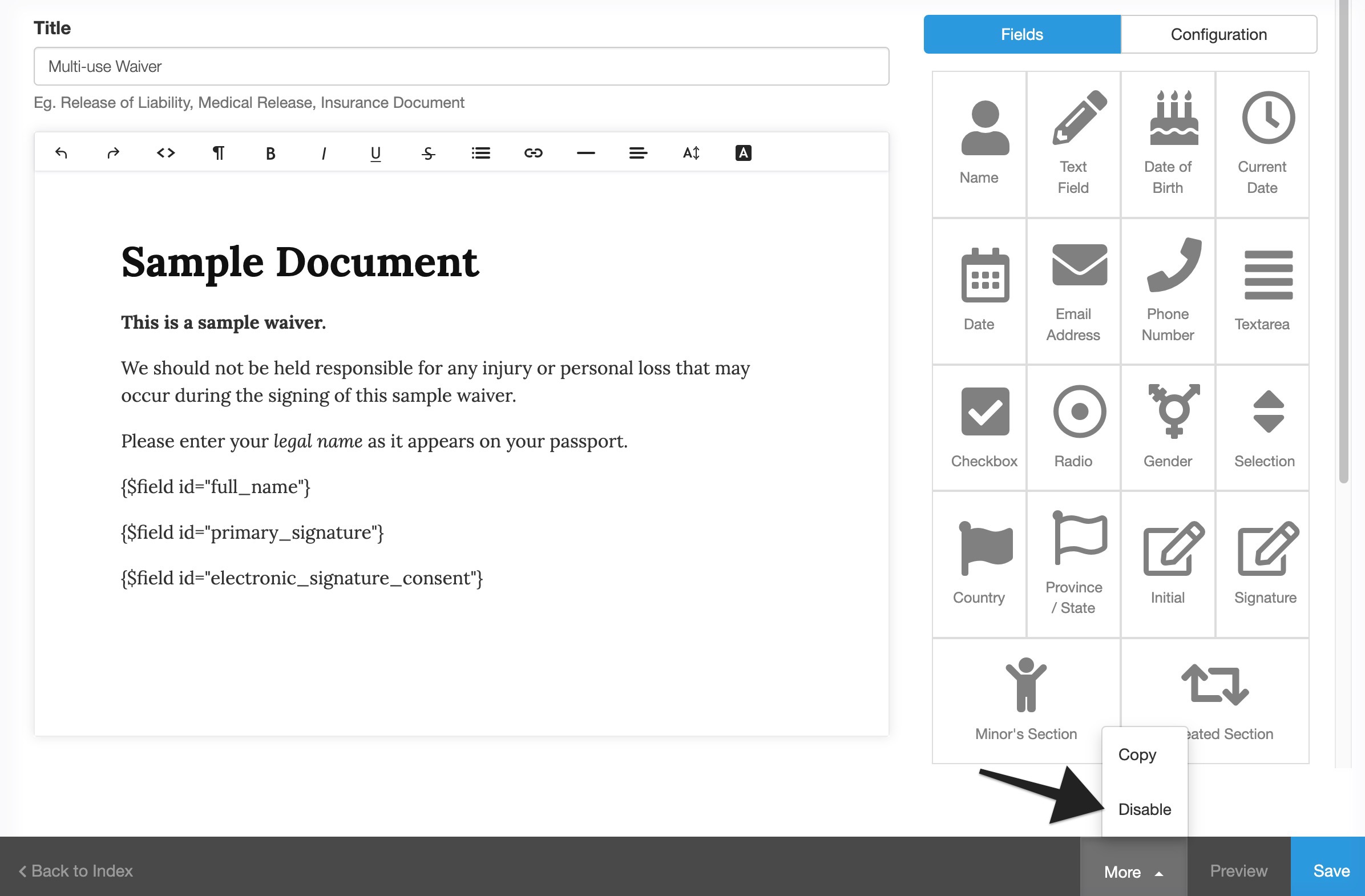 Waiver document editor showing the expanded More menu with an arrow pointing to the Disable option.