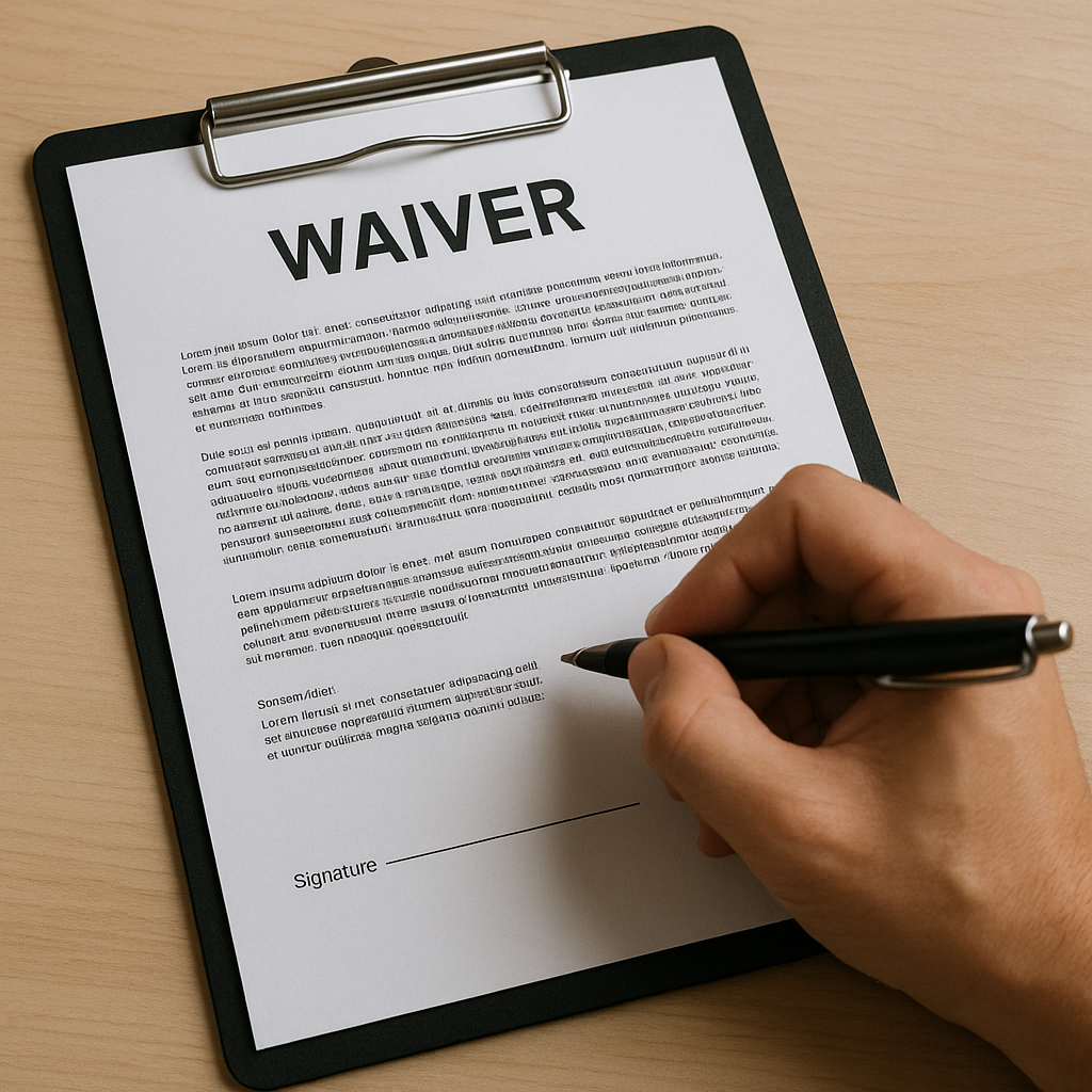 Image of hand signing waiver on clipboard.