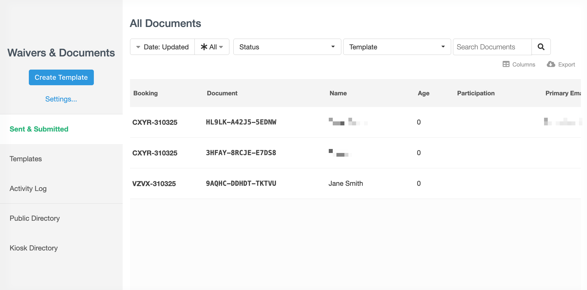 Screenshot of 'All Documents' page from which you can manage your waivers & documents.