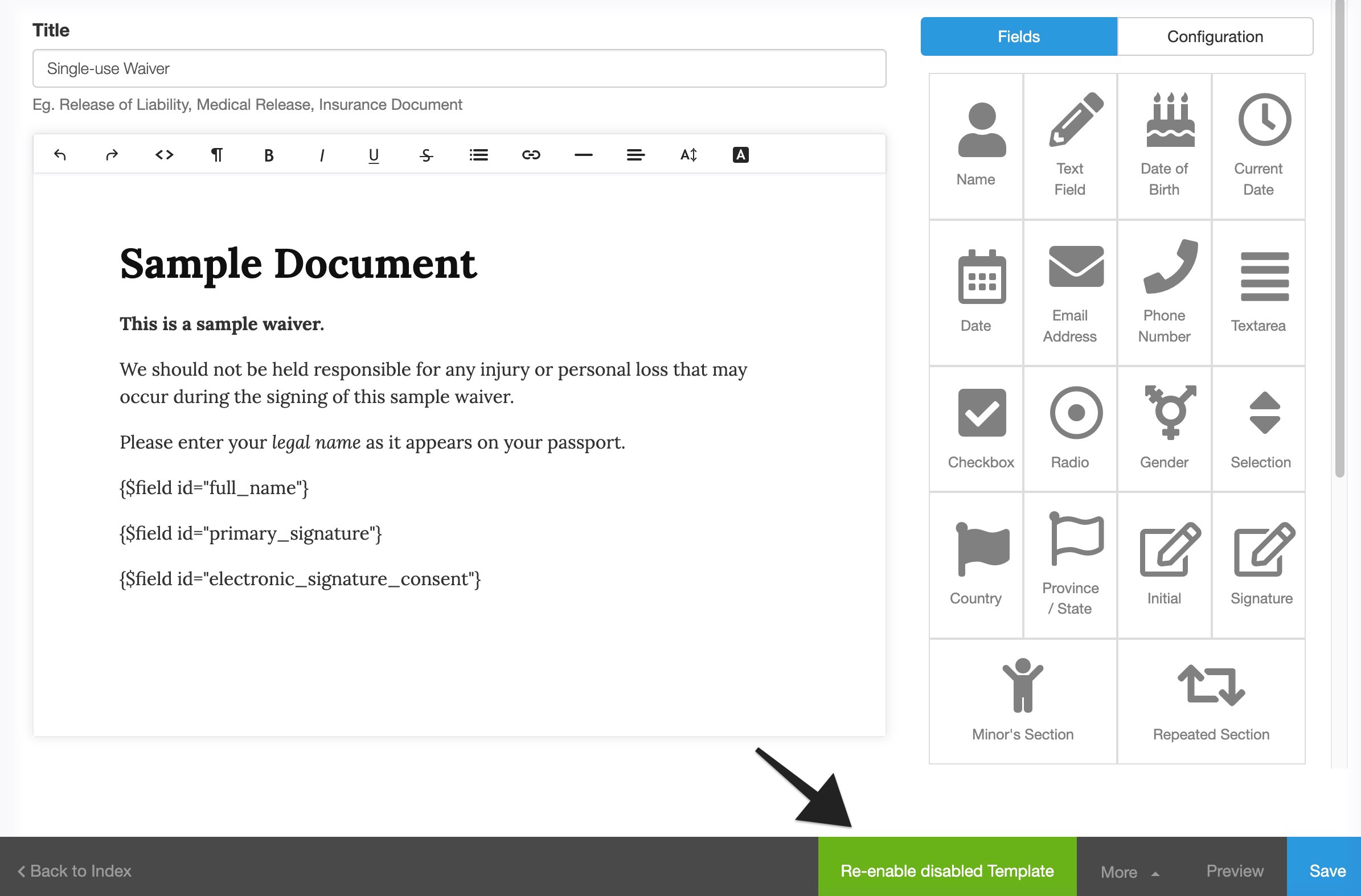 Waiver document editor displaying a green button at the bottom labeled Re-enable disabled Template with an arrow pointing to it.